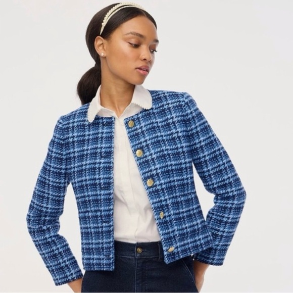 NWT J. Crew Check Lady Jacket Crop Tweed Blazer Gold Buttons Baltic Blue SZ 00